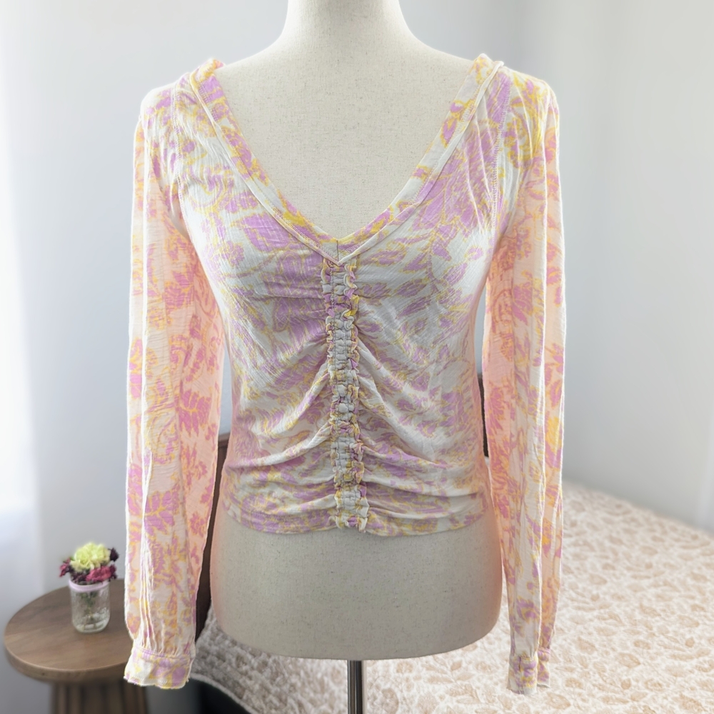 NWT Free People Say The Word Floral Runched Top Boho Western Balloon Sleeve Sm - Picture 2 of 15
